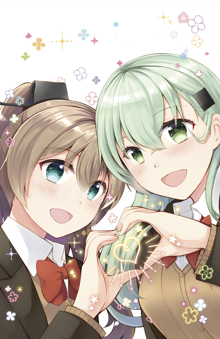 kumano (kancolle) ,suzuya (kancolle) multiple girls 2girls heart hands heart hands duo brown hair long hair ponytail  illustration images