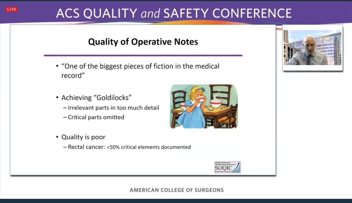 lindazheng_ACS's tweet photo. @drmediget @rpmerkow @puneetsinghmd @vreelant @lexyadams16 .@rpmerkow summarizing the struggle of achieving the "Goldilocks" of operative notes (too much detail vs. not enough critical information) and how synoptic reporting can help #ACSCSSP @mkatzmd @KellyKhunt @drmediget @SWexner @vreelant https://t.co/FgbucqKQ1k