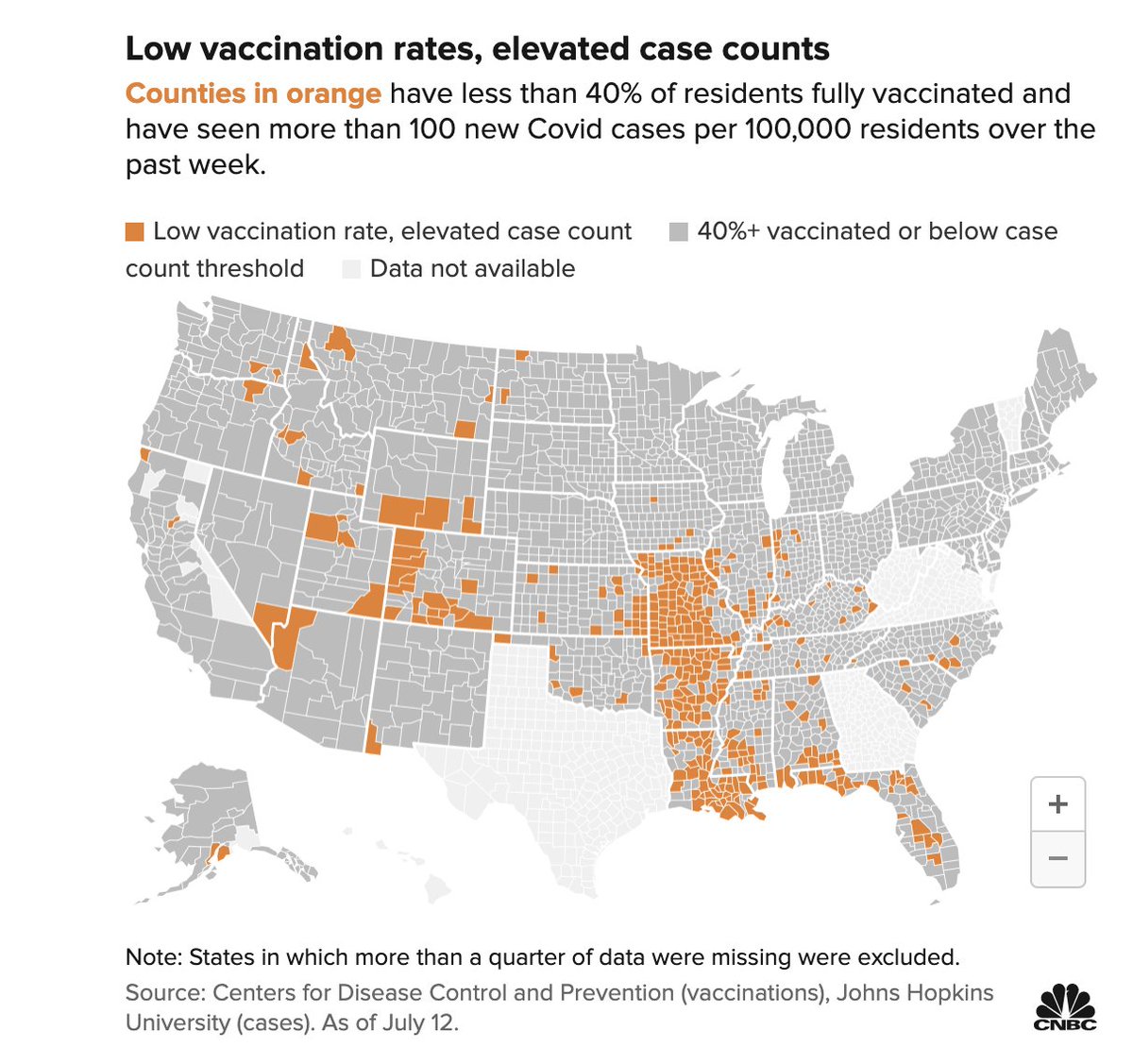 as california goes back to a potential mask mandate with vaxxed up people getting covid, here's a map of places w/ lower vaccination rates but higher covid cases.