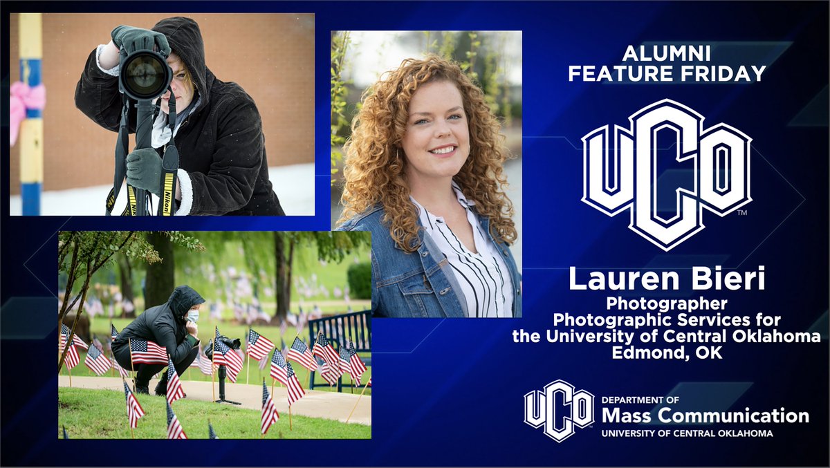UCO_MCOM's tweet image. This week's #AlumniFeatureFriday goes out Lauren Bieri! Lauren is a photographer in Photo Services right here on the @UCOBronchos campus! Current and future students, if you see her be sure to give her a wave, or smile for the camera! 

#UCOMCOM grads, DM us to be featured!