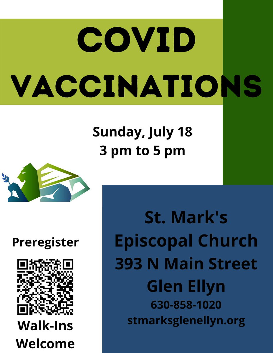 St. Mark's Episcopal Church in Glen Ellyn is hosting a free, walk-in COVID-19 vaccination clinic this Sunday, July 18th from 3-5pm. This is Our Shot DuPage!