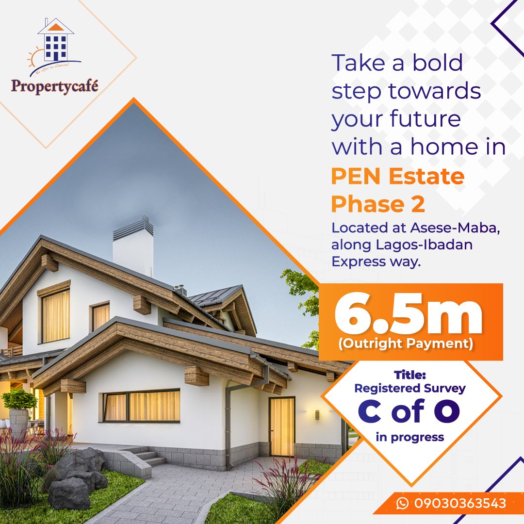 PropertyCafe_NG's tweet photo. It's time to wave goodbye to your landlord 😂😂, and say hello to serenity and peace of mind with a purchase at PEN Estate Phase 2! 

Located at Asese Maba, off Lagos-Ibadan Expressway. 

Price: 6.5M per plot (600sqm) 

Title: Registered Survey (C of O in progress); https://t.co/6Kfv2aWgi7