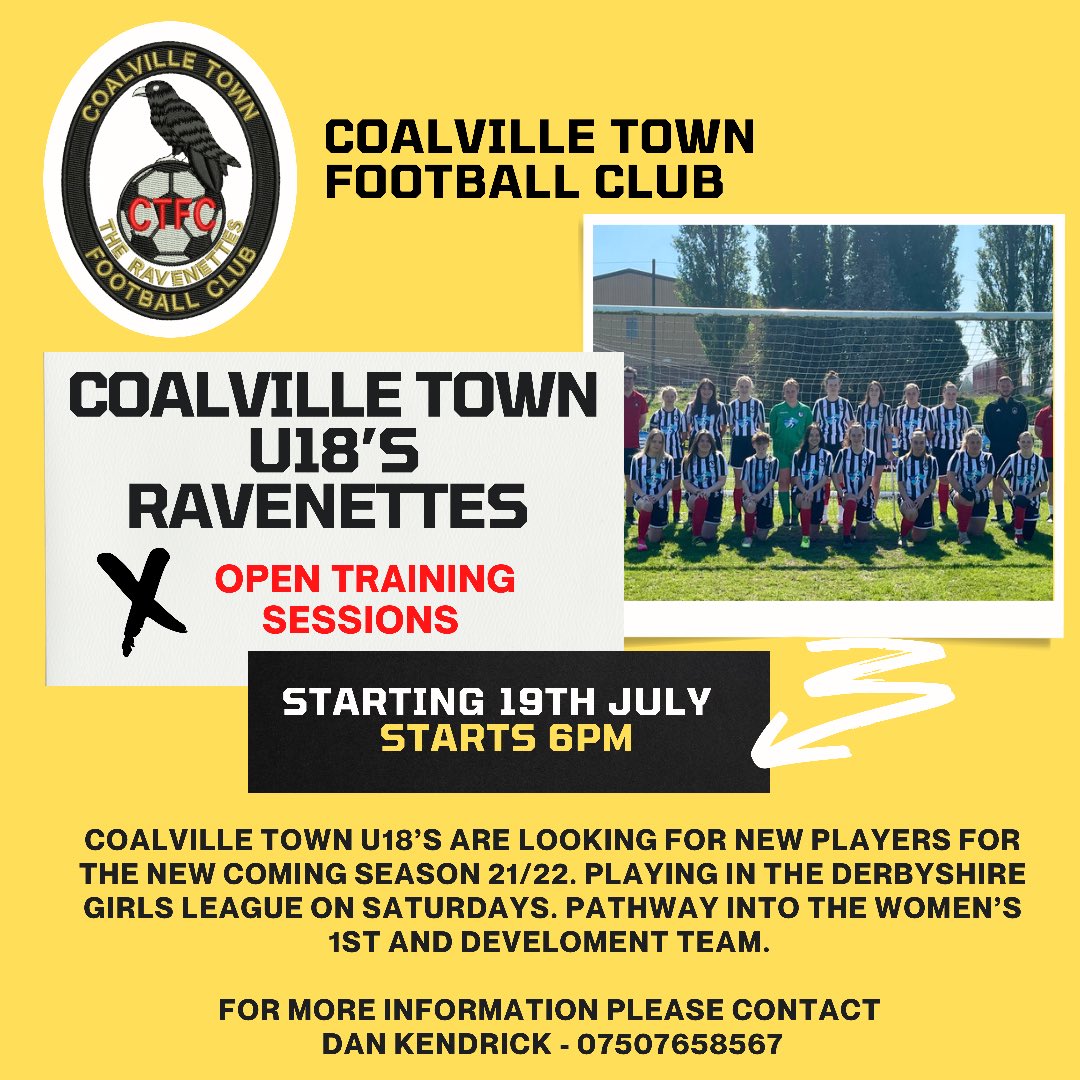 CTFC_Women's tweet image. Opportunities to join our U18’s and U16’s within our club are available! Come and join our club and enjoy the great facilities, highly qualified coaches and pathway to open age women’s football! #wearecoalville #womensfootball #girlsfootball