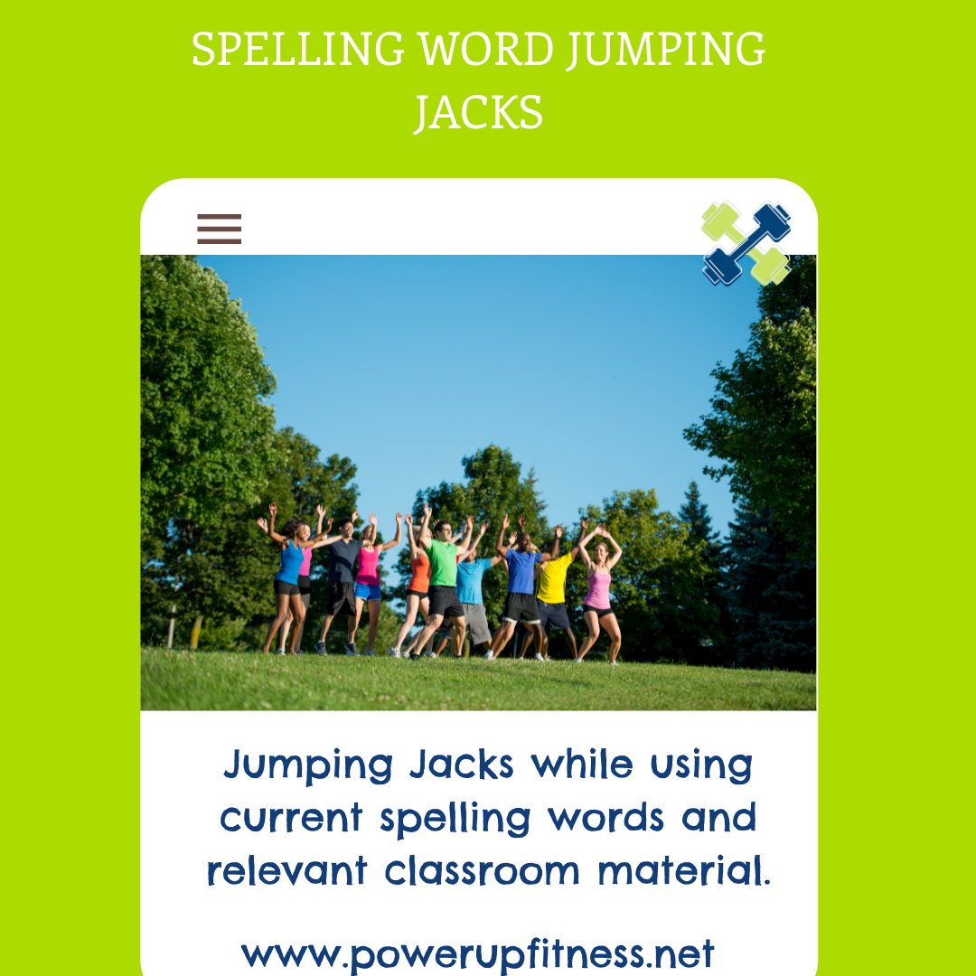 PowerUpFit's tweet photo. PowerUp Fitness is introducing jumping jacks to spelling word lists in order to study while having fun!
#powerupfitness #kidsfitness #activelearning #youthfitness #movementlearningfun #activefamilies #play #healthykids #familyfitness #kidsactivities #kidshealth #groupfitness https://t.co/PpP3MyH5lh