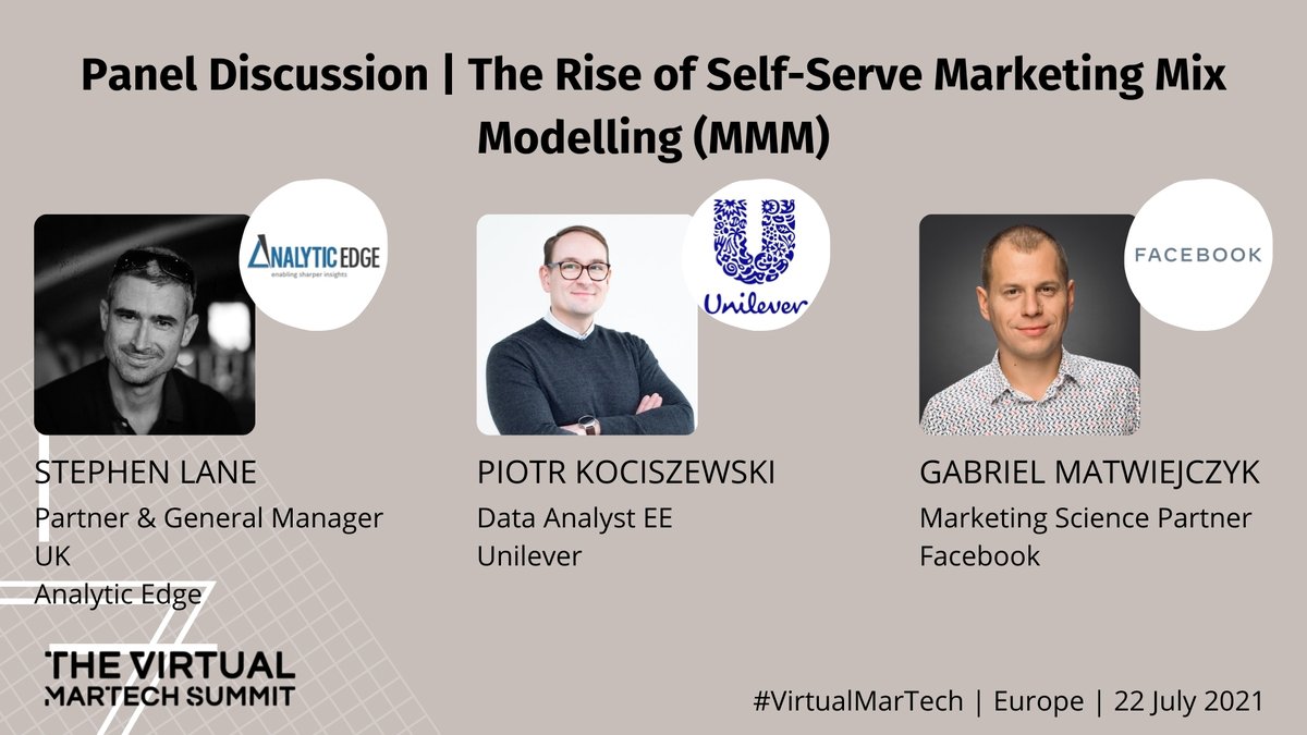 Join Stephen Lane, <a href="/analytic_edge/">Analytic Edge Pvt. Ltd</a> Piotr Kociszewski, <a href="/Unilever/">Unilever</a> &amp; Gabriel Matwiejczyk, <a href="/Facebook/">Facebook</a> as they discuss The Rise of Self-Serve Marketing Mix Modelling (MMM) at The #VirtualMarTech Summit Europe. Tickets: ow.ly/jVC250FxwyK #themartechsummit #marketing #virtual