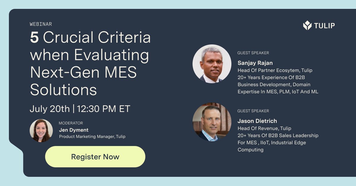Leanenablement's tweet image. On July 20th, join industry veterans at our technology partner @tulipinterfaces, as they discuss the 5 Crucial Criteria When Evaluating Next-Gen MES Solutions. 
hubs.li/H0SpN8K0

#frontlineoperations #manufacturing #mes #manufacturingapps #webinar