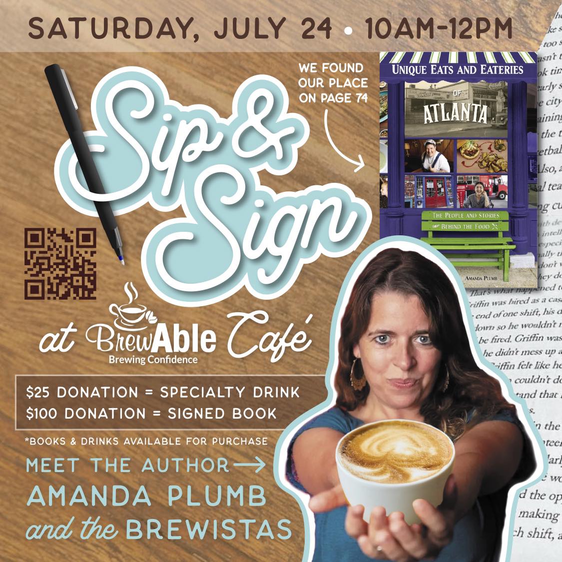 You're invited! BrewAble has been included in author Amanda Plumb's new book, "Unique Eats and Eateries of Atlanta". Join us for our sip and sign celebration and fundraiser next Saturday, July 24 @ 10 AM! conta.cc/3z5XOf9
