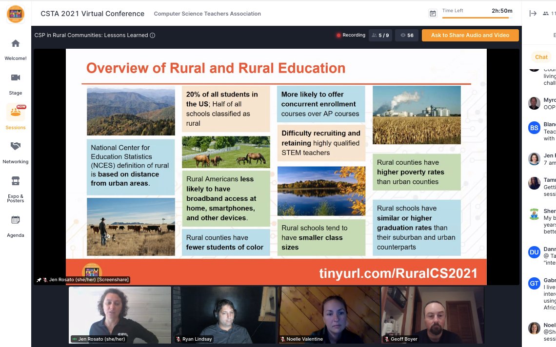 Live session at CSTA 2021, information slide about Overview of rural life and rural education. Slides at tinyurl.com/RuralCS2021