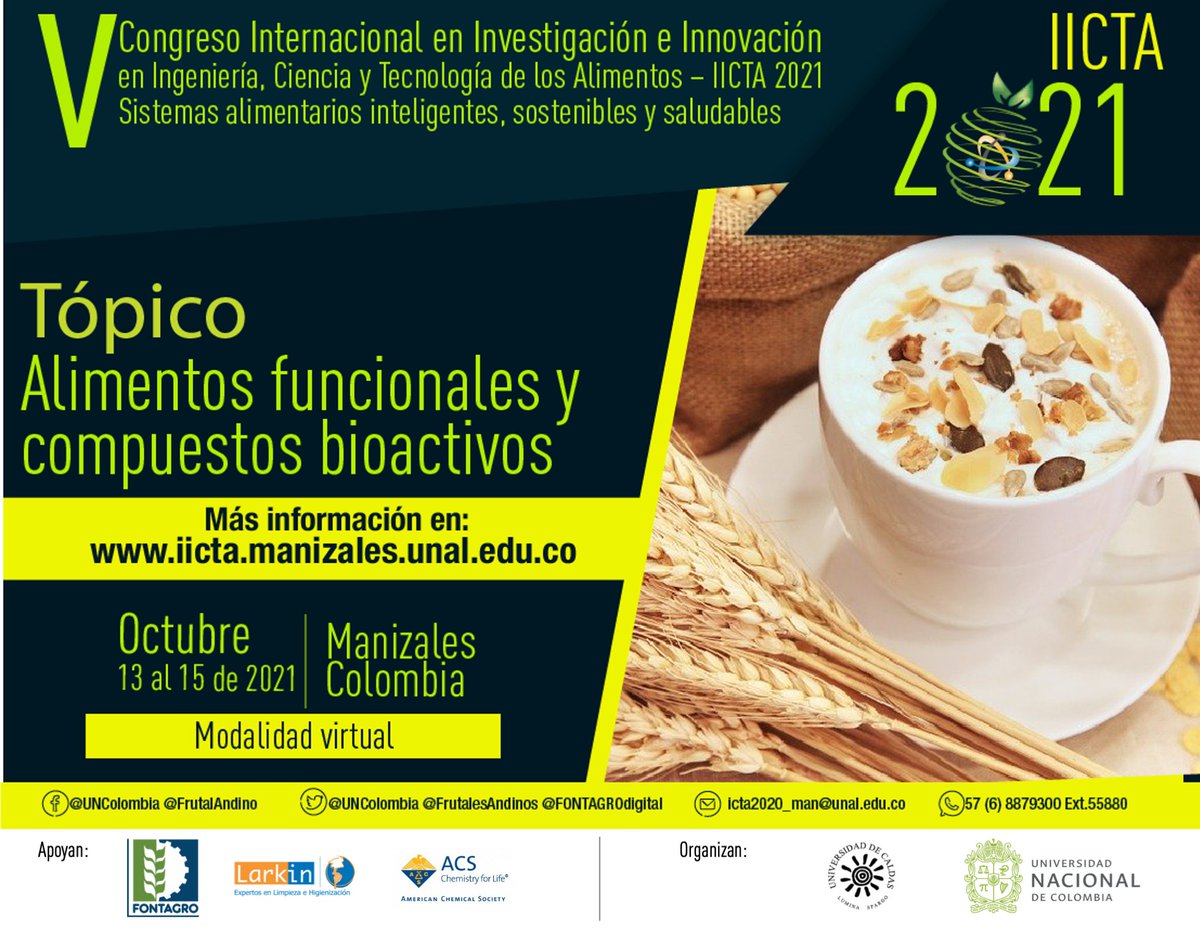 Los compuestos bioactivos son un tipo de sustancia química🧪que se encuentra en ciertos alimentos🥦y cumplen funciones en el cuerpo que ayudan a promover la buena salud. 💪🧠

Este será uno de los tópicos de nuestro Congreso IICTA 2021, no te lo pierdas. 
iicta.manizales.unal.edu.co