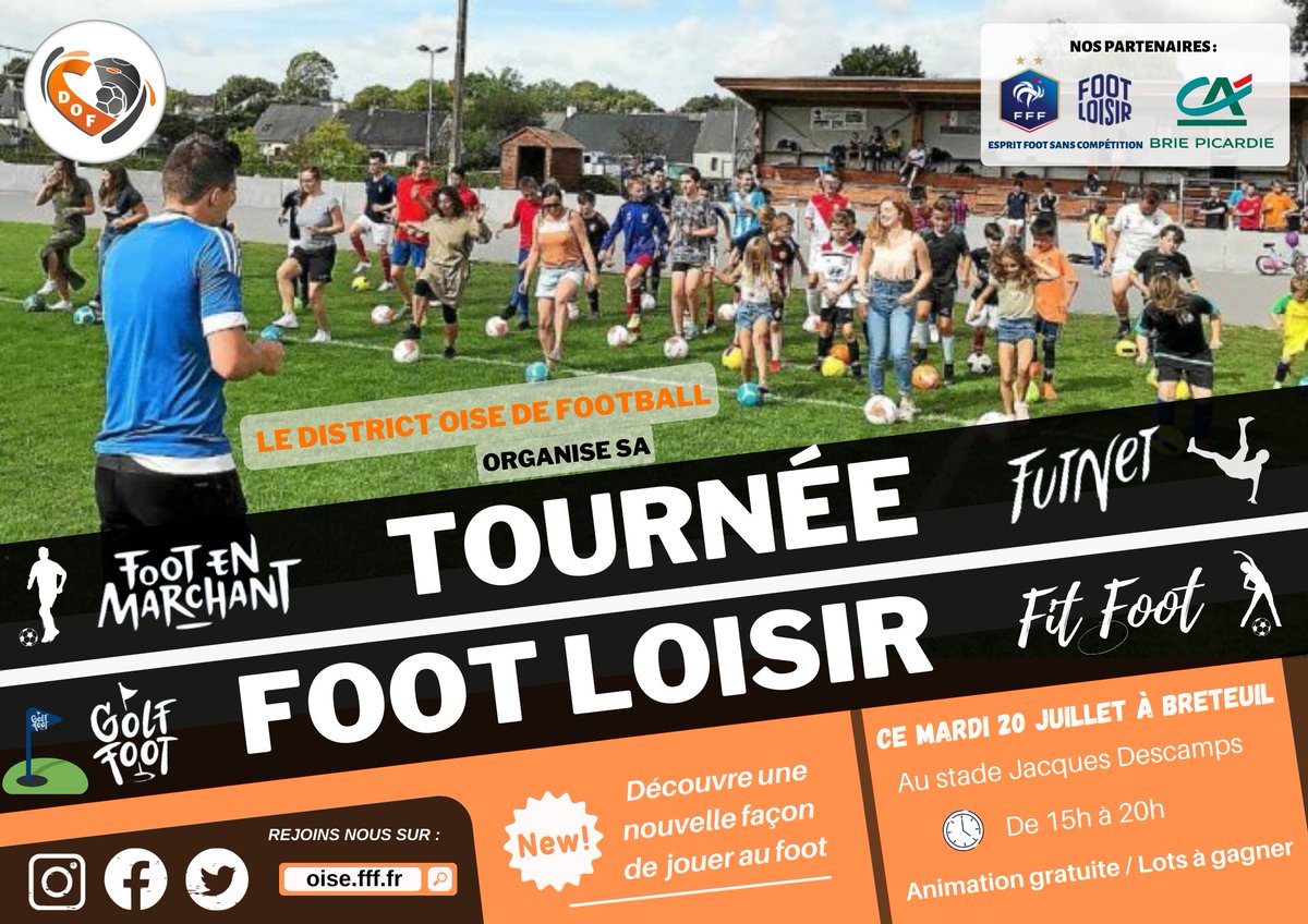 District_oise's tweet photo. 🚍⚽ 1ère étape de notre tournée Foot Loisir à Breteuil

🚨 Ce mardi 20 juillet de 15h à 20h 🚨

Nous vous attendons nombreux pour passer un moment convivial autour de ces nouvelles pratiques 😁🙏

#tournéedof #summertour https://t.co/mtgmMjNsmC