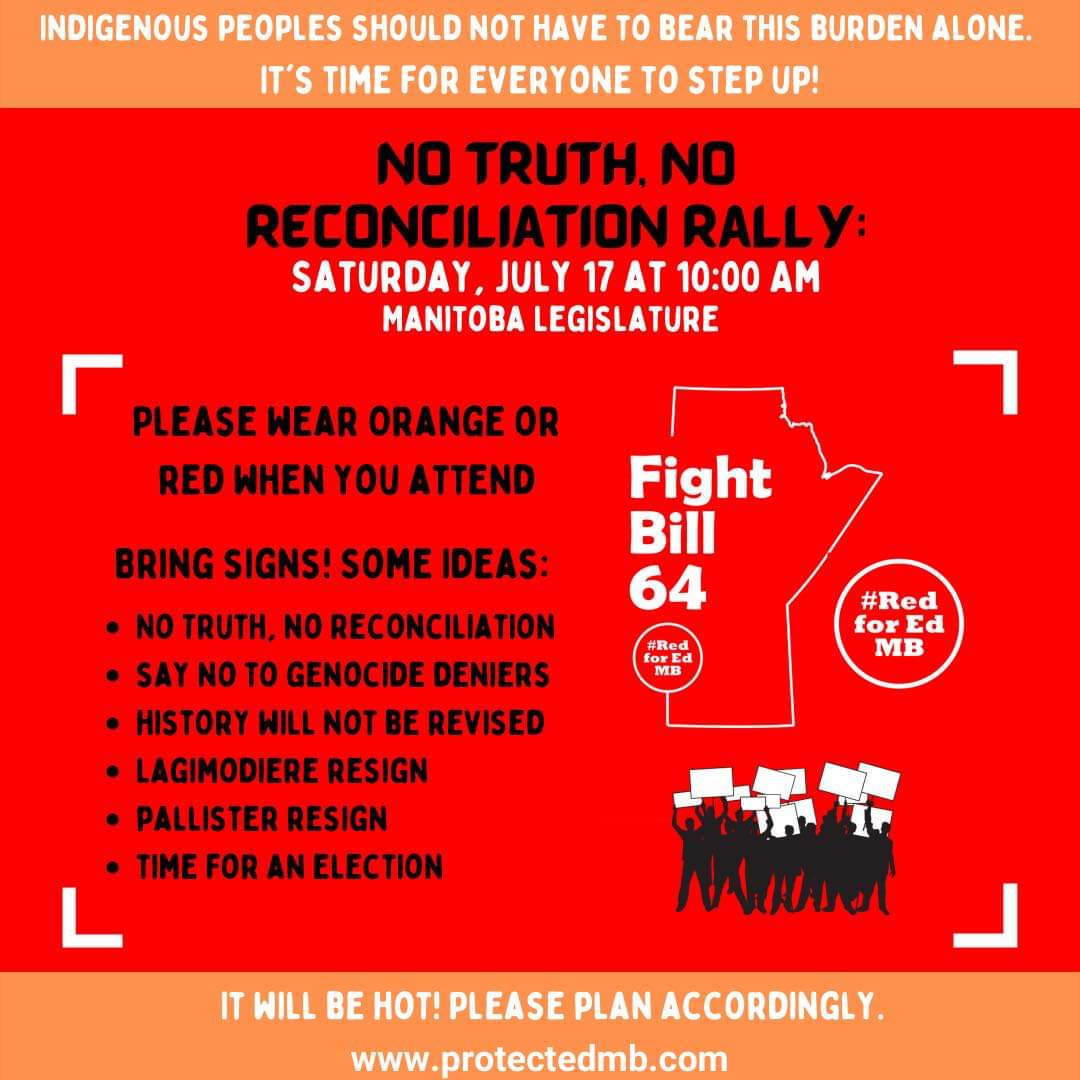 We are incensed by genocide denialist lies from the provincial government on residential schools, and educators have a duty to ensure that those lies don't go unchallenged. Join us tomorrow morning at the Legislature, and let's correct the record. #NoTruthNoReconciliationRally