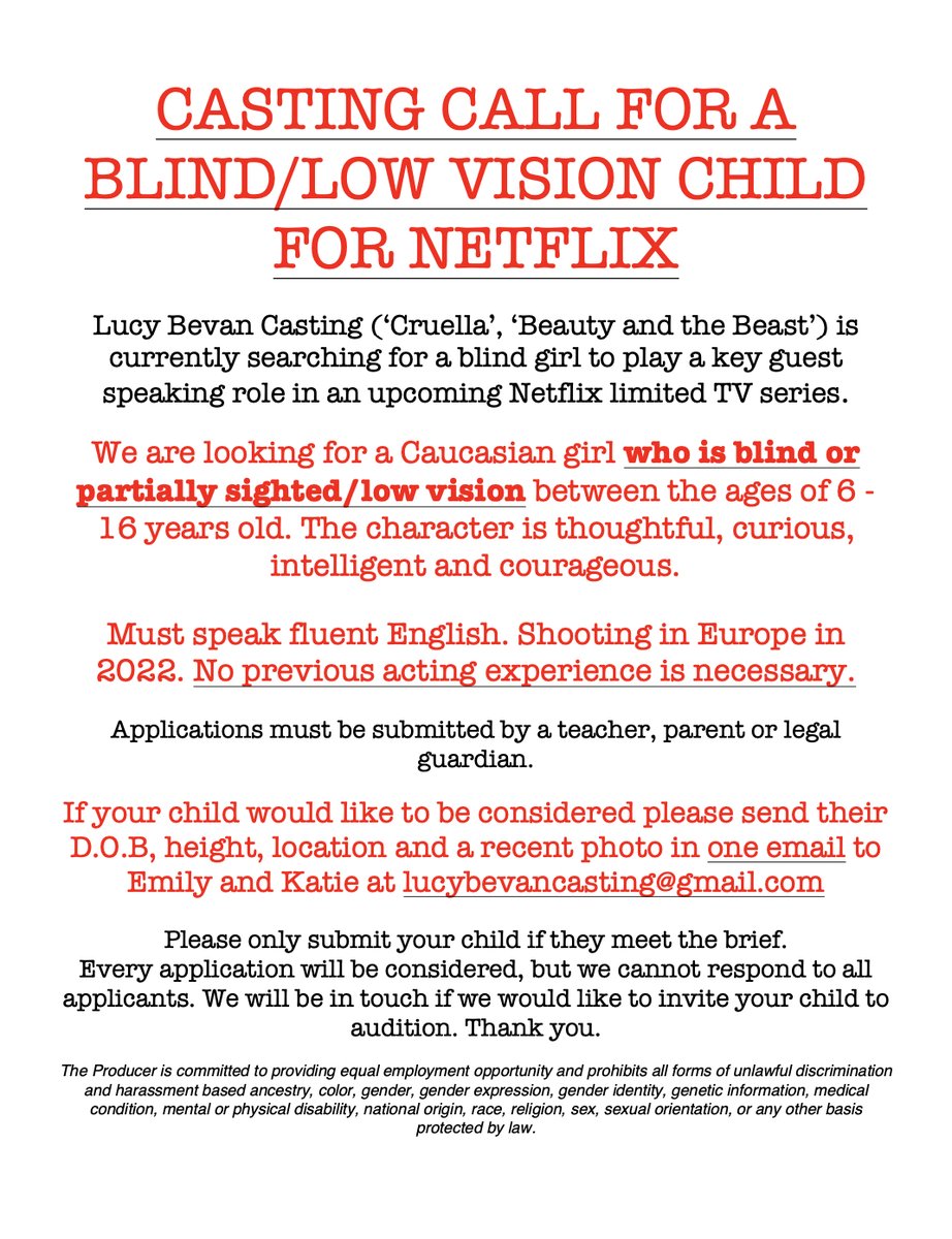 We are continuing our search for a girl who is blind/partially sighted for an upcoming <a href="/netflix/">Netflix</a> TV series. No experience is necessary. Details on the flyer below. Please help spread the word! Thanks so much.

Text version: txt.do/taa0x