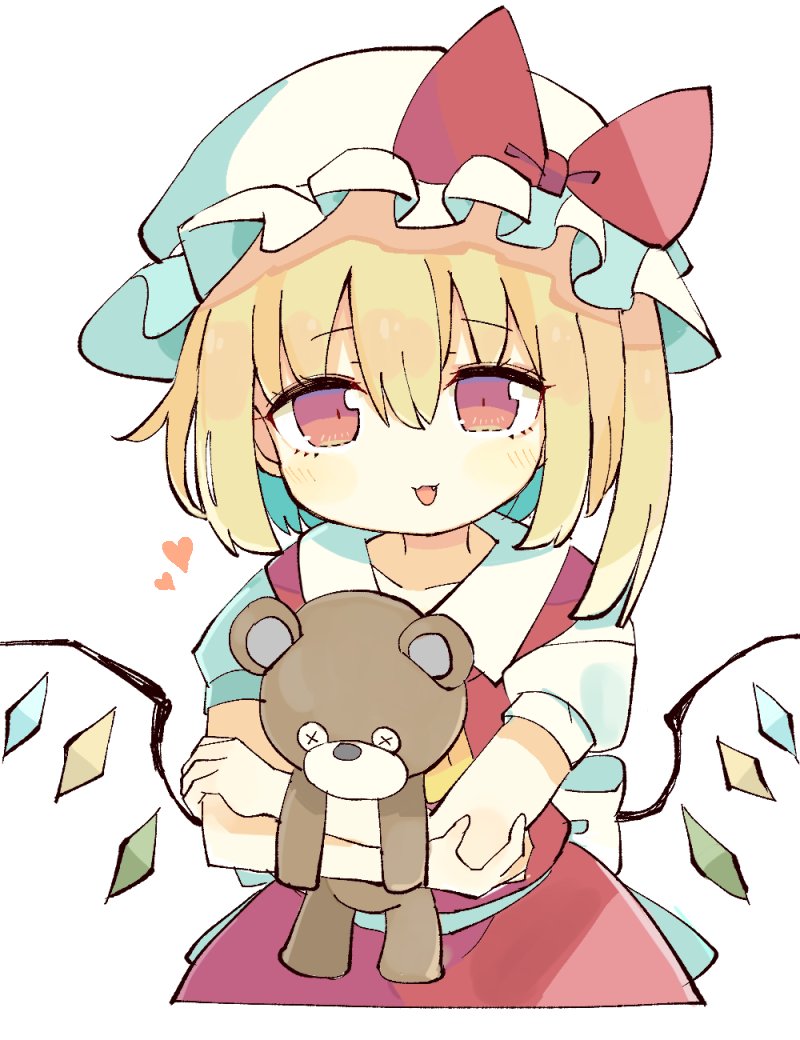 flandre scarlet 1girl hat blonde hair mob cap wings solo teddy bear  illustration images