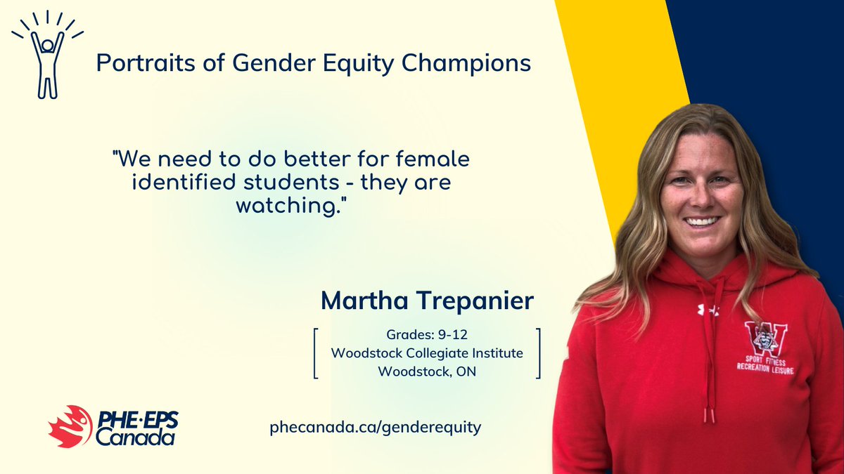 PHECanada's tweet photo. As teachers, coaches, and caring adults, #GenderEquity champion Martha Trepanier @TrepMartha of @TVDSB believes we need to do better for female-identified students - they are watching. 

Discover the key strategies Martha uses in her classroom | https://t.co/NFRY7iJEhd

#EDIinPHE https://t.co/BSVOBNmrSg