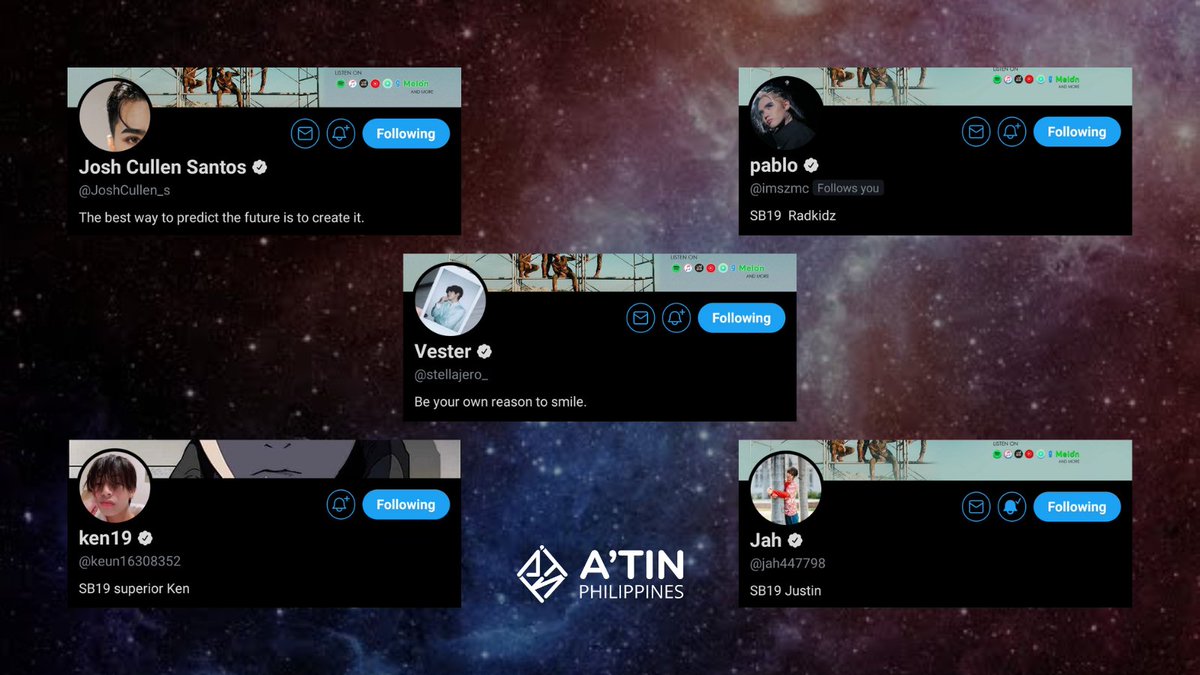 SB19_ATINph's tweet photo. Mahalima is now twitter verified!
Congrats, boys :)

☑️ @JoshCullen_s
☑️ @imszmc
☑️ @stellajero_
☑️ @keun16308352
☑️ @jah447798

PAGSIBOL IS COMING
@SB19Official
#MahalimaTwitterVerified https://t.co/4NJcifsyQs