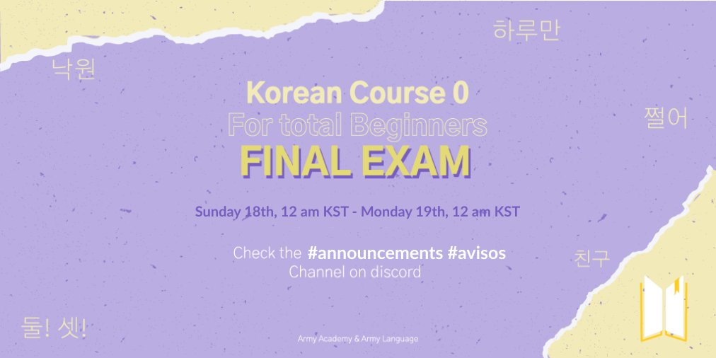armyacademics's tweet image. Hi, students of KC0! You did great for joining these two months of KC0 and now the final exam is around the corner! 

Prepare yourself, don&apos;t forget to run through all the materials. Good luck! 💜 🥇

#ARMYLingo @BTS_twt