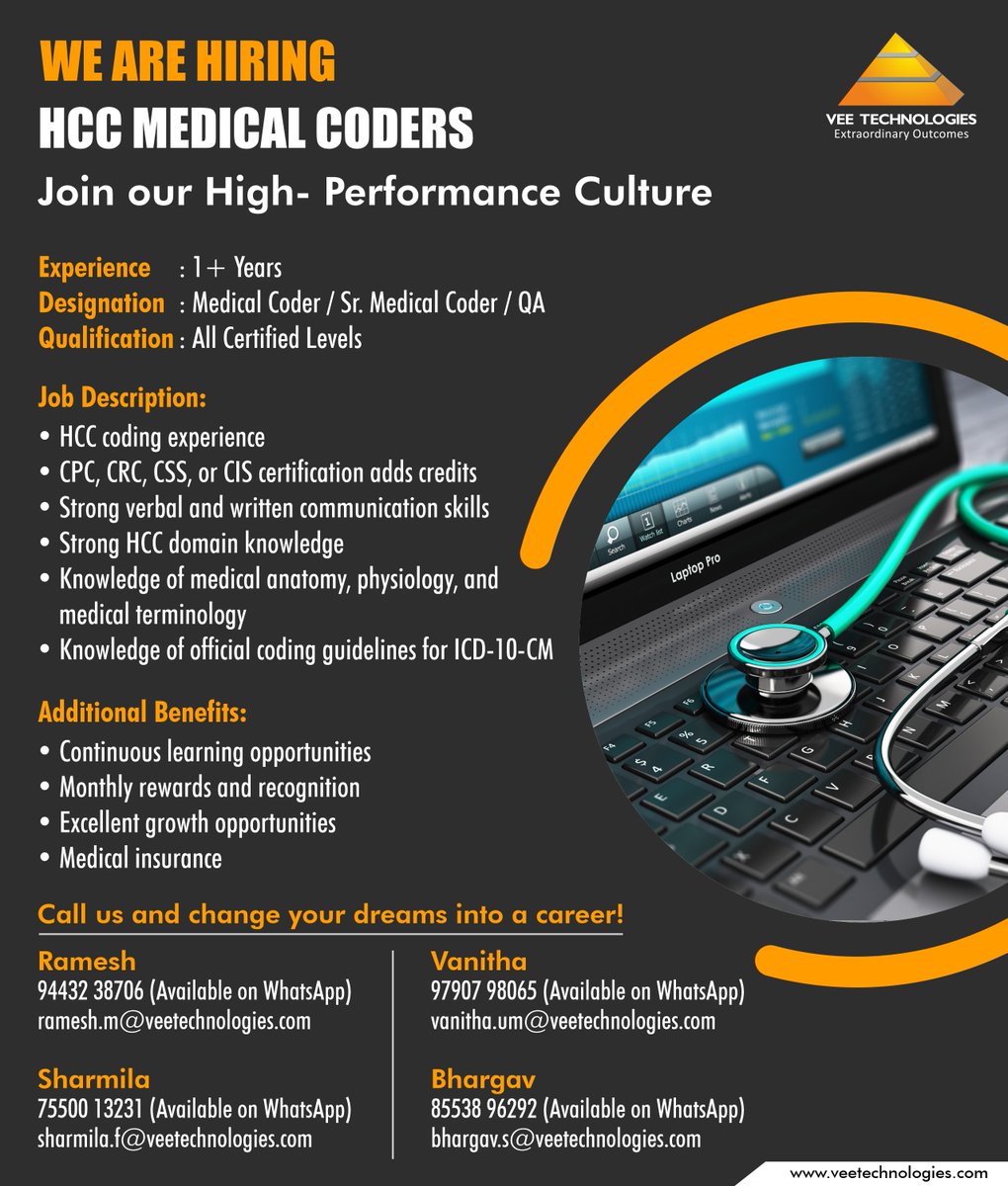 V_technologies's tweet image. Vee Technologies is hiring 600 HCC medical coders. Want to join a ‘Dream Company to Work For?’ Apply for the position now and change your dreams into a career.
Visit: bit.ly/3rmkYvh
#HCCMedicalCoders #HCCMedicalCoding #medicalcoders #HiringMedicalCoders #medicalcoding