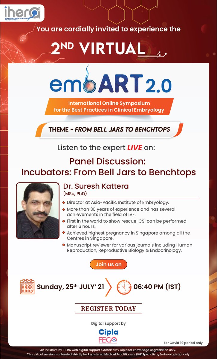iHeraEmbryology's tweet photo. Meet to the expert Dr Suresh Kattera

Free Registrations are now open for embART 2.0

Dear Colleagues,
iHERA in association with Cipla invites you for the 2nd Online International Conference embART 2021

To register free please click here-: https://t.co/EfAS3615sn https://t.co/oJvdcVoQKR