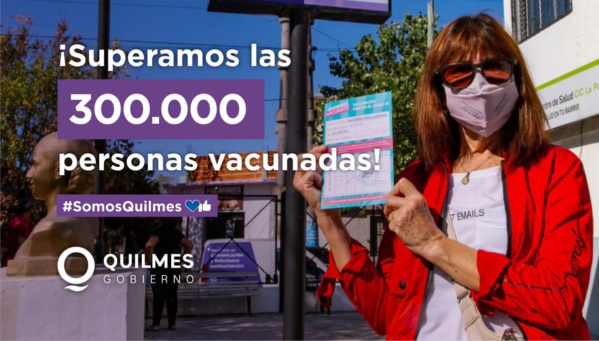 mayrasmendoza's tweet photo. ¡En #Quilmes alcanzamos las 300.000 personas vacunadas!

Gracias al personal que cumple funciones en los centros de vacunación por el esfuerzo y compromiso. Sigamos poniendo el hombro.

Estamos cada vez más cerca de la vida que queremos.

#SomosQuilmes
#VacunarseSalvaVidas ♥️🇦🇷 https://t.co/whfcLop6Zy