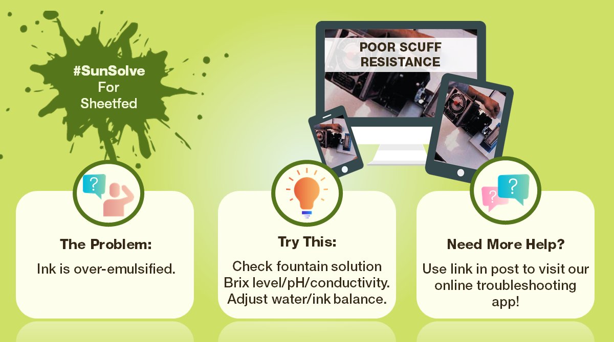 SunChemCorp's tweet photo. Over-emulsified #ink can cause poor scuff resistance in #sheetfedprinting. Try today's #SunSolve tip to fix, or head over to our #troubleshooting app for help with other possible causes/solutions: 🛠️👉 https://t.co/Sdrifdrggu. Follow @SunChemCorp to get regular #printing tips! https://t.co/6FR1Em3r7m