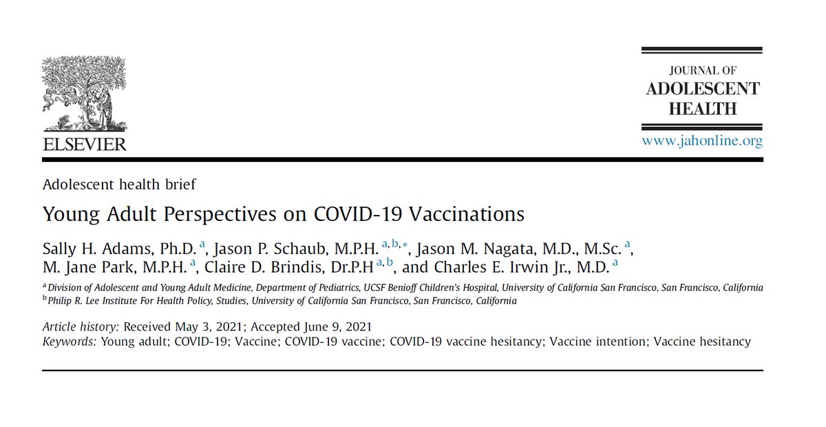 📣3 out of 4 #YoungAdults intend to get the #COVID vaccine - a key population to reach herd immunity 💉>50% of those declining concerned about safety and side-effects ➡️New paper in @JAdolesHealth from @NAHIC_UCSF with @CharlesIrwin45 @cbrindis bit.ly/3wLb7QH