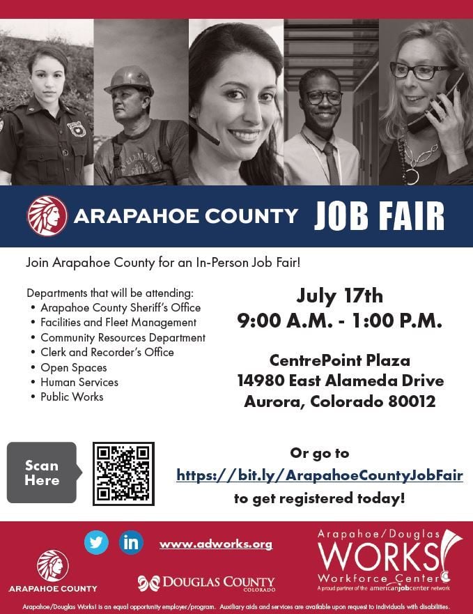 ArapahoeSO's tweet photo. Join us tomorrow for an in-person Job Fair from 9 a.m. - 1 p.m. at CentrePoint Plaza, 14980 E. Alameda Drive in Aurora. We have several job openings at the sheriff's office and we'd love to meet you! #Work4ArapSO https://t.co/lAnQEecSPc