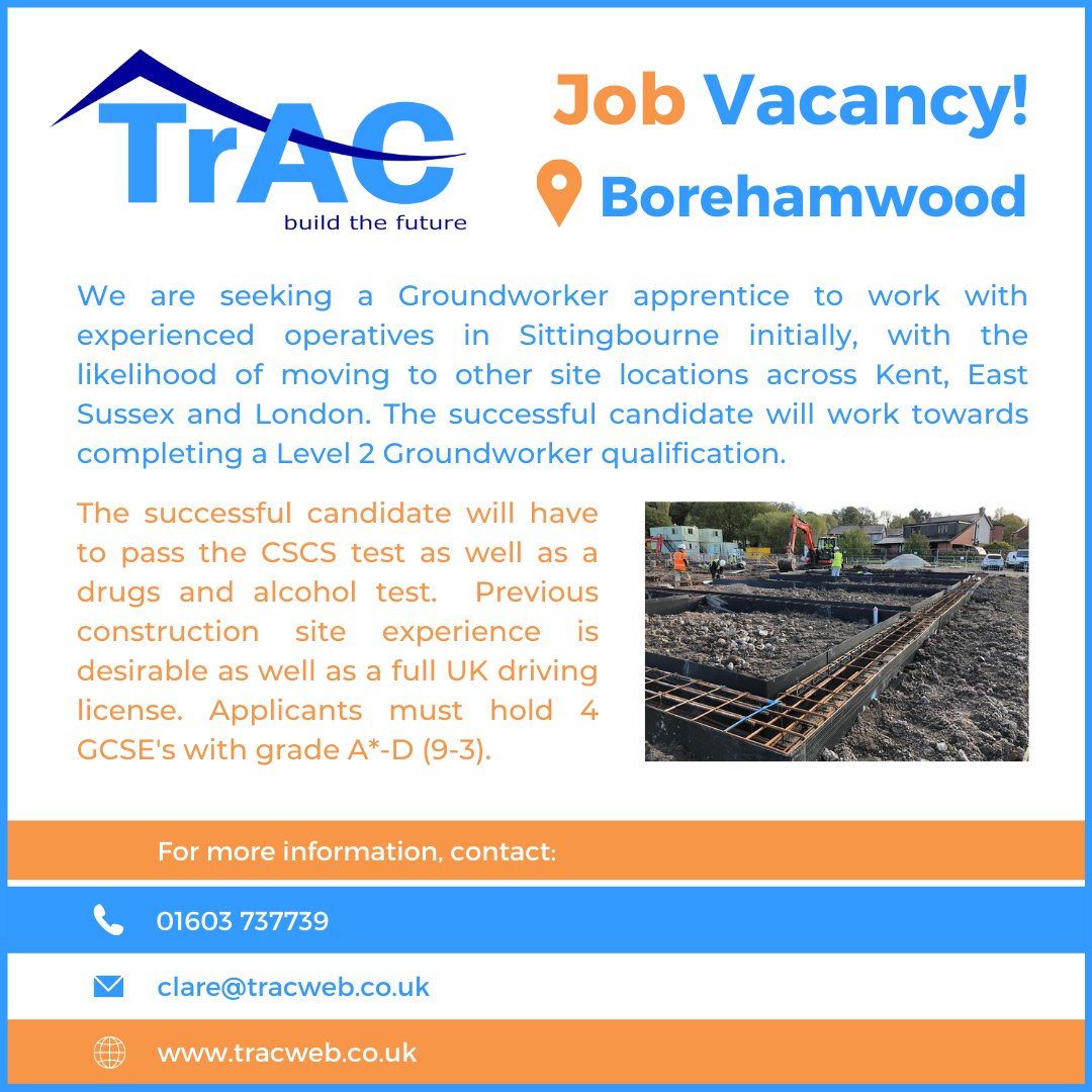 TrACapprentices's tweet image. We have a fantastic opportunity for someone interested in construction to complete a Groundworker Apprenticeship!🛠

For the full job description, click here: tracweb.co.uk/applicants/sea…

#TrAC #Apprenticeships #SouthEast #BuildTheFuture