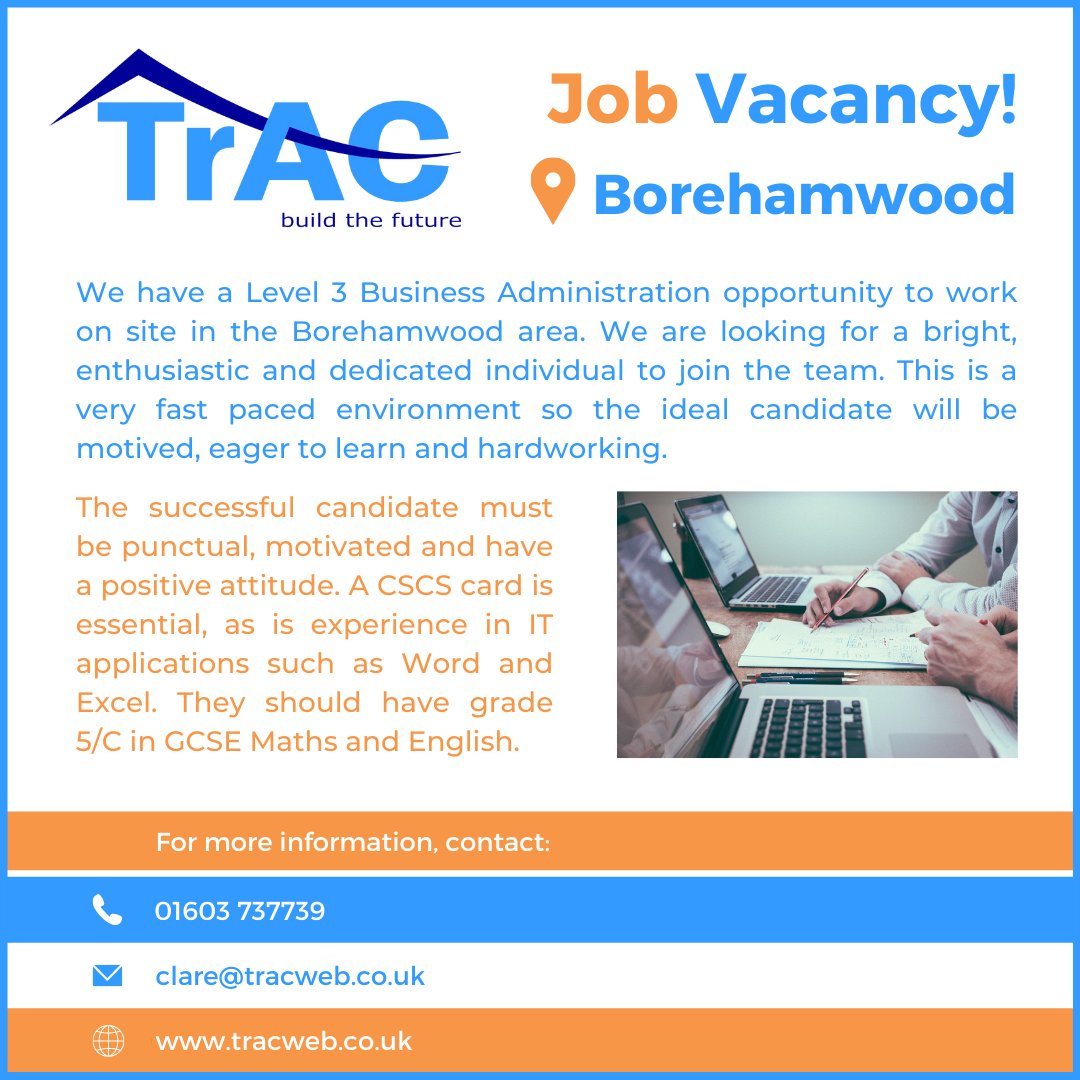 TrACapprentices's tweet image. We have a fantastic opportunity for someone interested in Business Administration to work on site with a company in Borehamwood 🛠

For the full job description, click here: tracweb.co.uk/applicants/sea…

#TrAC #Apprenticeships #SouthEast #BuildTheFuture