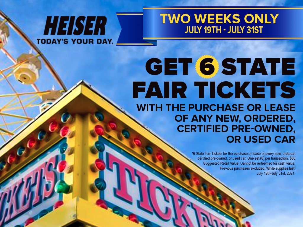 heiserford's tweet photo. Heiser wants you to enjoy your summer ☀️ That’s why we’re giving away 6 State Fair Tickets with the purchase or lease of ANY vehicle until July 31st!

Stop in or shop online at https://t.co/wGoZYRoOOt today! https://t.co/ogj4SQ0MpU