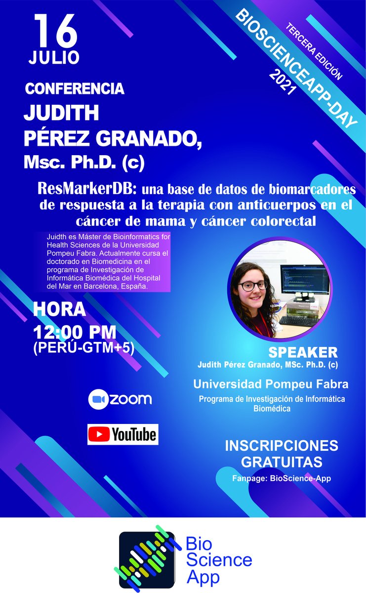 Hoy 16 de junio en los #BioScienceApp Day,  tendremos a la Dr.(c) Judith Pérez autora y desarrolladora de base de datos ResMarkerDB . 
Puedes ver la conferencia por nuestro canal de YouTube: youtube.com/channel/UCwjYL…

#Bioinformatics #breastcancer #colorectalcancer #antibody
