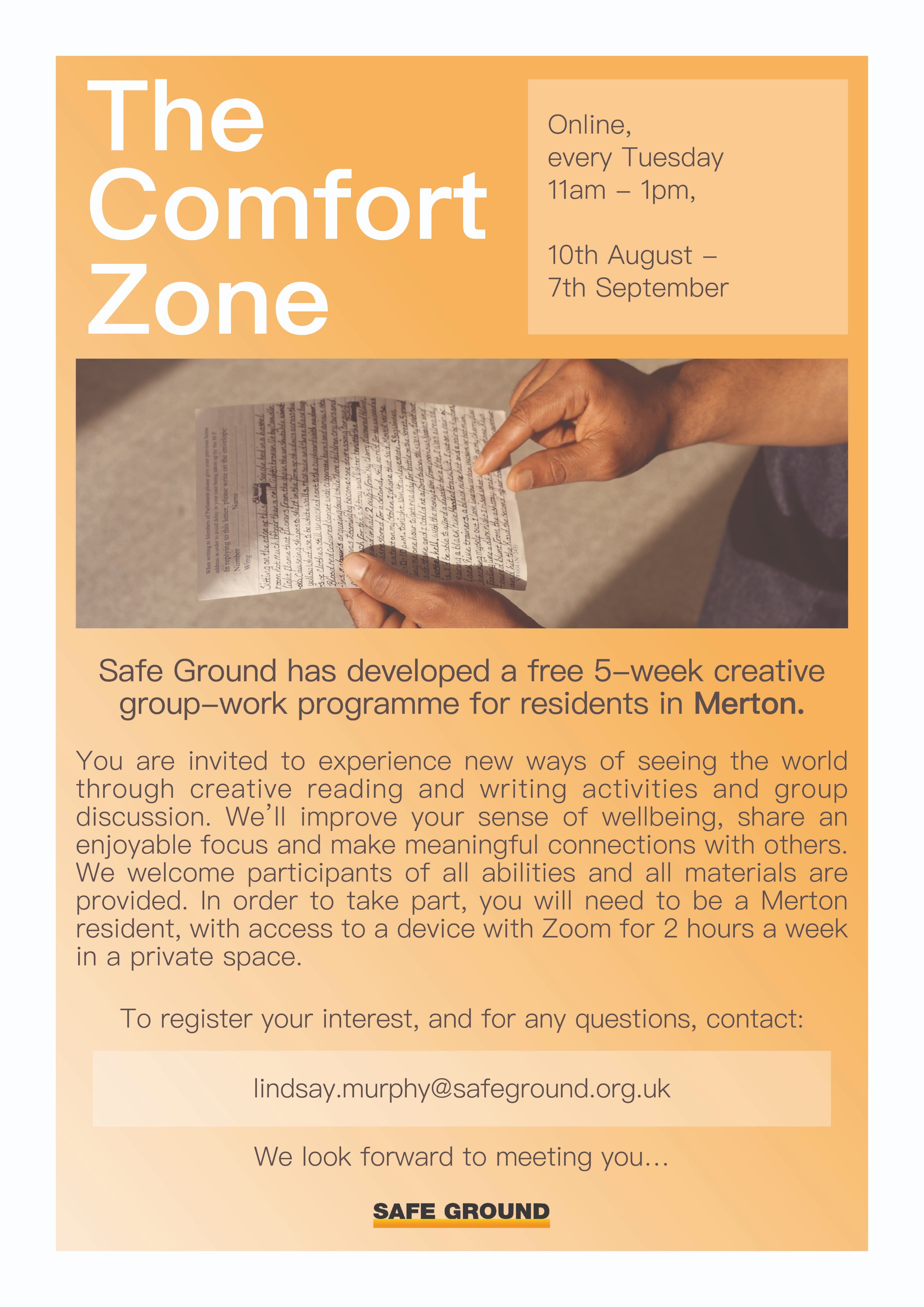 Ground Twitter: "The Comfort Zone returns 10th August!! This is a creative wellbeing programme, open all residents in #Merton and self referrals are welcomed! To register your interest