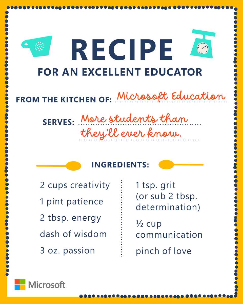 MicrosoftEDU's tweet photo. What goes into making an excellent educator?

Here's the recipe we came up with after spending all week in the kitchen.👩‍🍳🥣

What's in your recipe?

#MicrosoftEDU https://t.co/wT1w0ebMef