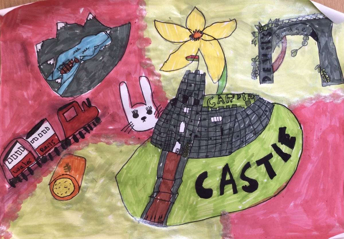 stmarysglossop's tweet photo. Inspired by the work of welsh artist @rhiannon_art, Year 6 have created their own pieces depicting the symbols and landscapes of Wales #EurosWeek #CultureCapital 🏴 https://t.co/IRXM4BUqdu