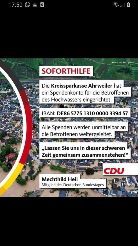 As many have already heard, the area I live in got devastated by the worst flood the place has ever seen. The situation is desperate. 

If you want to help, please consider a donation! ❤️

Retweet as much as you can, please! 🙏

The old tweet was deleted because of a typo!