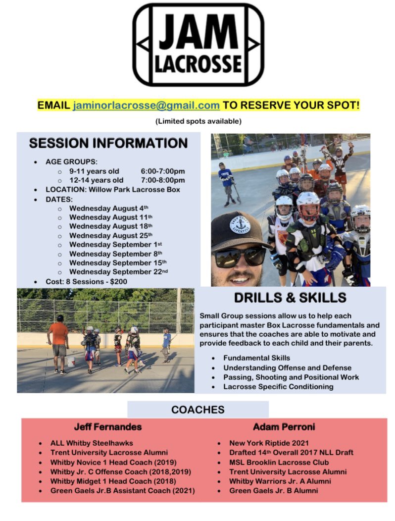 jam_lacrosse's tweet photo. 🥍 WE’RE BACK!! Registration is now open for upcoming sessions!!! Please email jaminorlacrosse@gmail.com Excited to get back on the floor 🥍🥍 @WhitbyMnrLax @LacrosseOshawa @WestDurhamLAX @claringtongaels @NemesisLacrosse https://t.co/pWIDVmE8gO