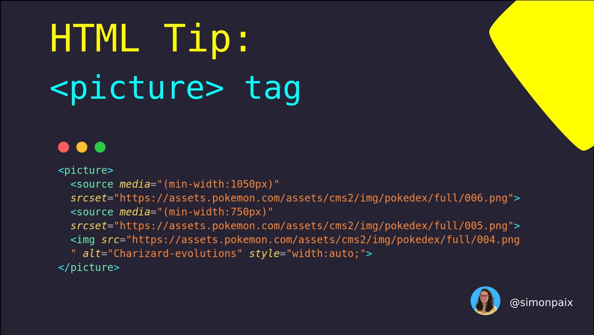 simonpaix's tweet image. HTML Tip 💡

Use the &amp;lt;picture&amp;gt; tag to display different images according to the window size. 

It&apos;s great to make your website more responsive :)

Result in the comments 👇