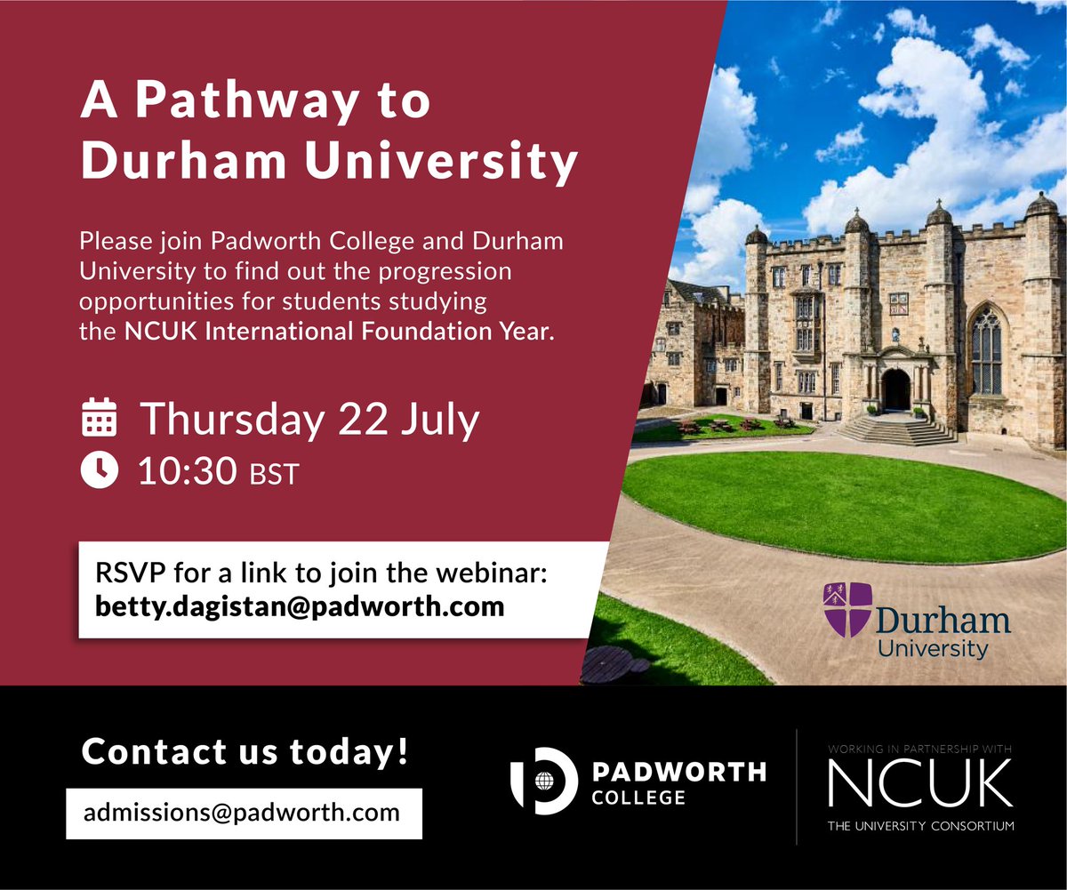 We are delighted to be co-hosting a webinar with @NCUK and <a href="/durham_uni/">Durham University</a> to introduce the pathways to this exciting new NCUK partner university, one of the UK’s leading universities.