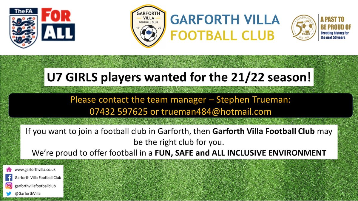 Please get in touch if you're interested in joining our brand new U7 girls team for the 21/22 season.
<a href="/WestRidingFA/">West Riding FA</a> <a href="/westridingoc/">West Riding Opportunity Centre</a>
#garforthvilla #garforthvillafootballclub #garforthgirlsfootball #leedsfootball #girlswhoplayfootball #westridinggirlsleague #westridingfa