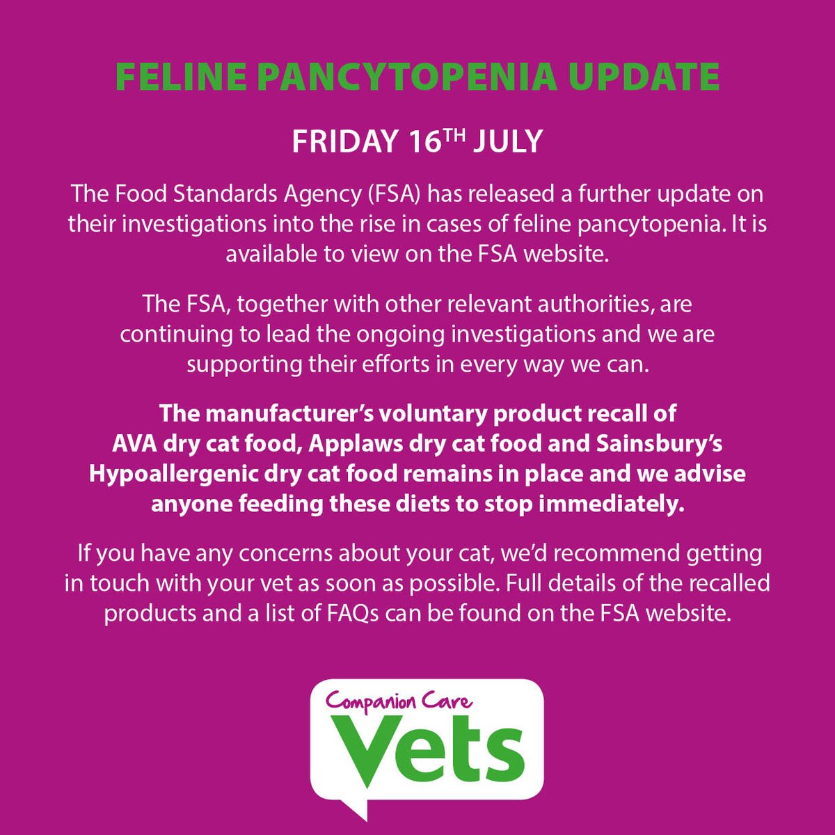 The Food Standards Agency (FSA) has published an update on its investigation into the recent rise in pancytopenia cases in cats, which is available to view here:
food.gov.uk/news-alerts/ne…

Full details of the recalled products can be found here: 
food.gov.uk/news-alerts/al…