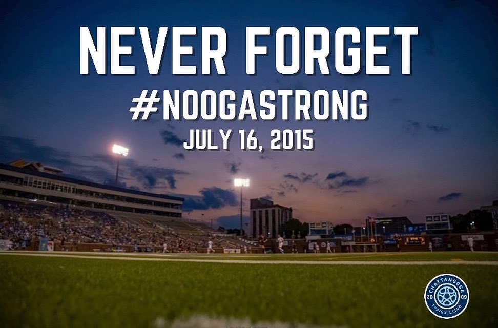 ChattanoogaFC's tweet photo. 6 years ago, our city experienced one of the worst days in our history, as 5 servicemen were taken from us in an act of terror.

We’ll never forget their service, sacrifice, and the resilience of our community to come together as one. #FallenFive #NeverForget #AlwaysForward https://t.co/2JWXIZx2eM