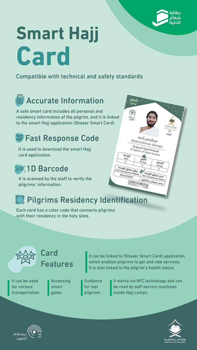 Learn more about the Hajj Smart Card which is linked to an application that can ease pilgrims’ journey during Hajj.
#Hajj2021

To download the application: 
For Android:
play.google.com/store/apps/det…

For iOS:
apps.apple.com/us/app/shaaer-…