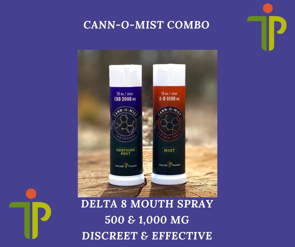TaylorPharmCo's tweet photo. Cann-O-Mist Combo-Try out both “sprays” of relief when the NEW Cann-O-Mist CBD + Delta-8 Combo #delta8 #pain #wellness #natural https://t.co/jMCP7hTTBx https://t.co/AWc2M3f1mk