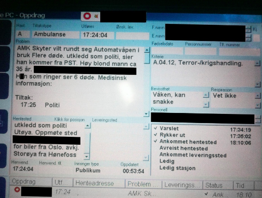 aldriglemme's tweet photo. Første innringing om angrepet på Utøya registreres i Akuttmedisinsk kommunikasjonssentral "AMK: SKyter vilt rundt seg. Automatvåpen i bruk. Flere døde, utkledd som politi sier han kommer fra PST. Høy blond mann CA 35 ÅR. H*n som ringer ser 6 døde". #22juli https://t.co/vEEt55bnr5