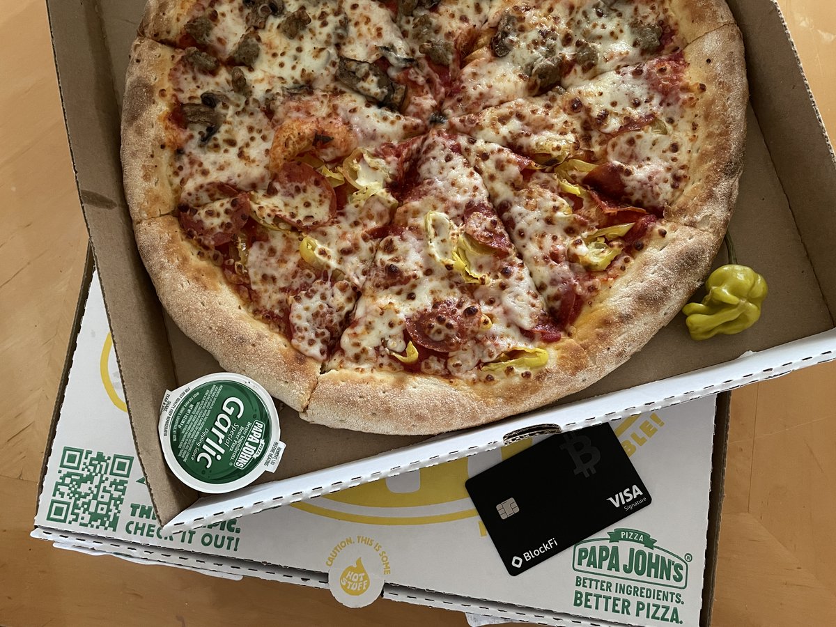 I got my <a href="/BlockFi/">BlockFi</a> #Bitcoin  card today, only 2 business days since approved. Had to get some Papa Johns for the memes.