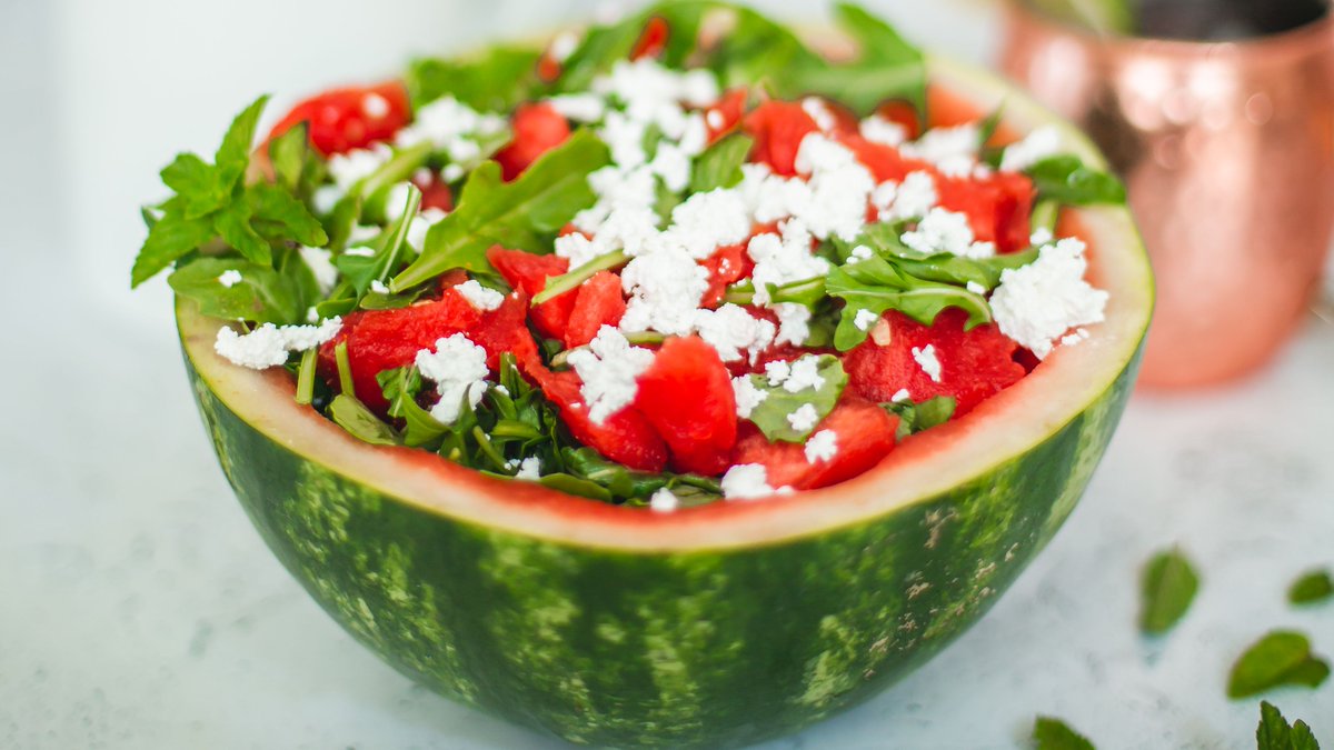 Soignon_US's tweet photo. Yeah, Watermelon Sugar is pretty cool, but have you ever tried Watermelon Goat Cheese Salad IN a watermelon?! 10/10 recommend. 🍉 🐐 
#WatermelonSalad https://t.co/cIef4B62Hl
