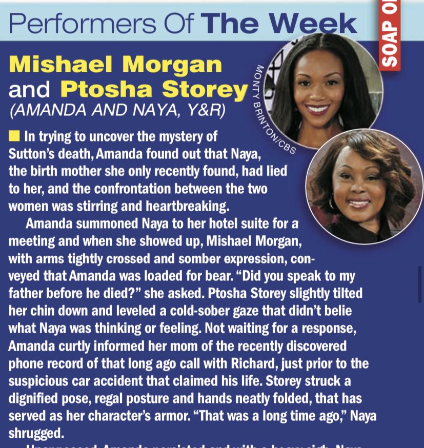 Kudos <a href="/MishaelMorgan1/">Mishael Morgan</a> and <a href="/PtoshaStorey/">Ptosha Storey</a> for being named "Performers of the Week" in the latest issue of <a href="/SoapDigest/">Soap Opera Digest</a> !  #YR