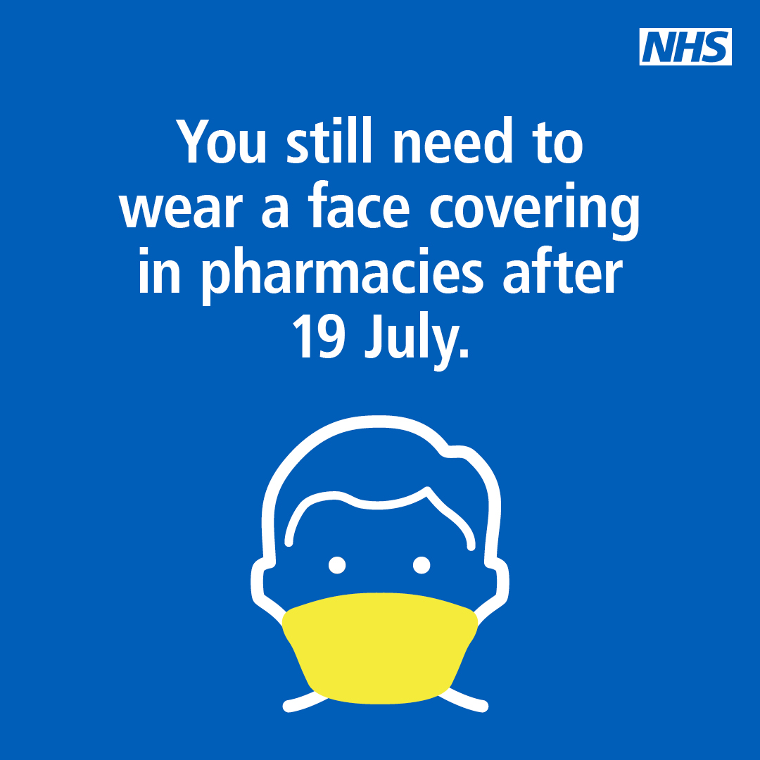 The Govt has confirmed @PHE_uk IPC guidelines remain in place across all health services, including all pharmacy premises, to protect staff and the public. Everyone must continue to follow social distancing rules and use face coverings, unless exempt: bit.ly/3B71iQJ