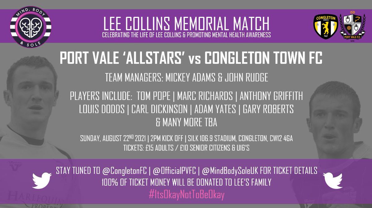 The Bears in association with <a href="/OfficialPVFC/">Port Vale Football Club</a> and <a href="/MindBodySoleUK/">Mind, Body & Sole</a> are delighted to announce:

Lee Collins Memorial Match
Port Vale All Stars vs Congleton Town FC

Celebrating Lee’s life and spreading mental health awareness.

All ticket revenue will be donated to Lee’s family