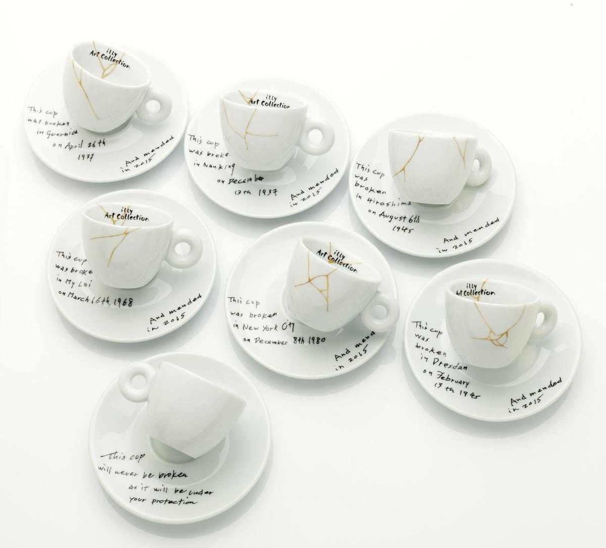 Yoko Ono - Mended Cups, 2015.
Seven espresso cups and saucers.

#illyartcollection @IllyCafe @illyUSA #kintsugi