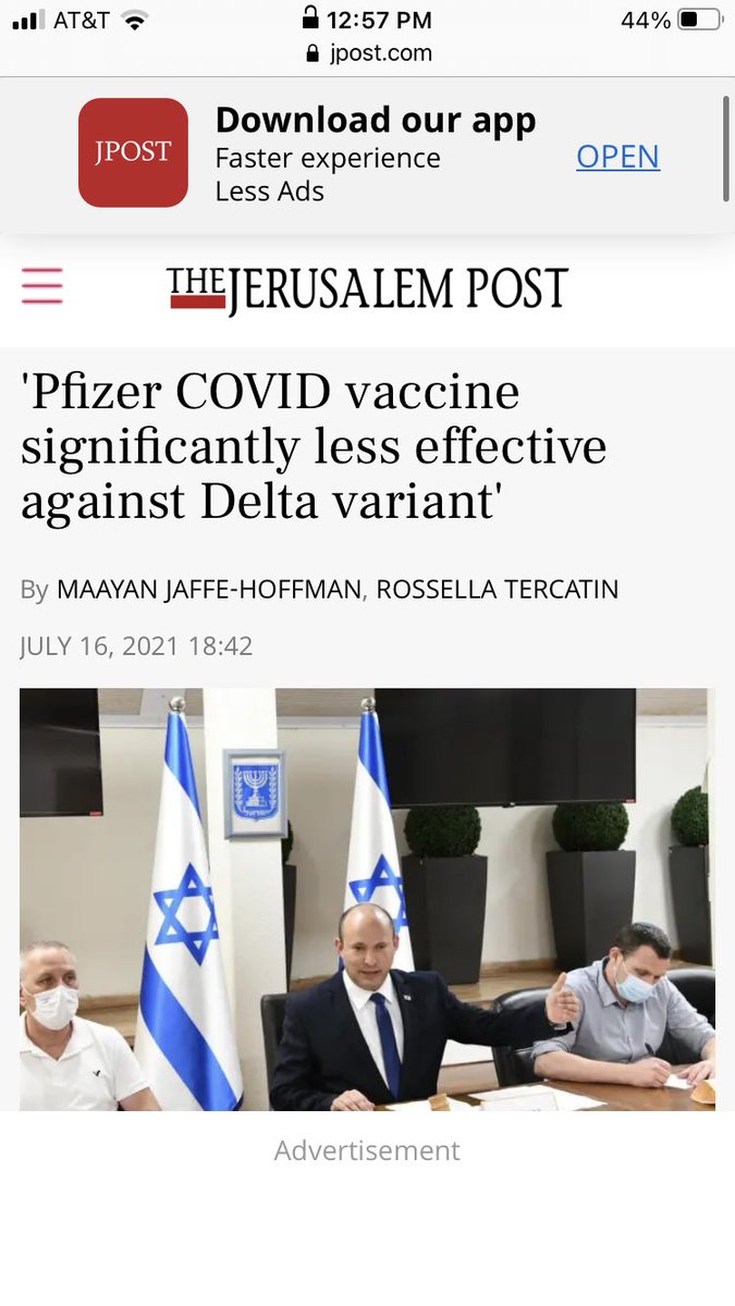 AlexBerenson's tweet photo. Israel: first to vaccinate, first to admit reality. Btw: it’s not clear that the Delta variant is the reason the vaccines are failing, it may simply be that the vaccines are failing NOW and Delta is the variant circulating now, but at least they’re not blaming the unvaccinated. https://t.co/0OEvTB0F8z